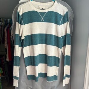 Urban Pipeline Waffle Knit Thermal Henley Long Sleeve Shirt Teal/Oatmeal Stripe